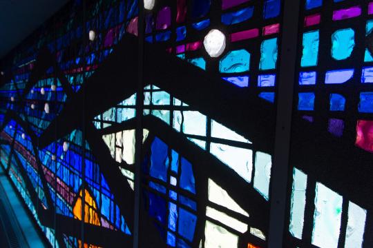 Stained glass inside the A. F. Siebert Chapel on the Carthage College campus.