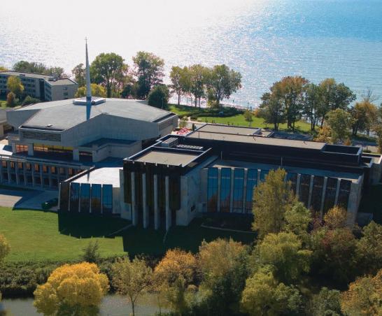 Aerial overlooking Hedberg Library and A. F. Siebert Chapel.